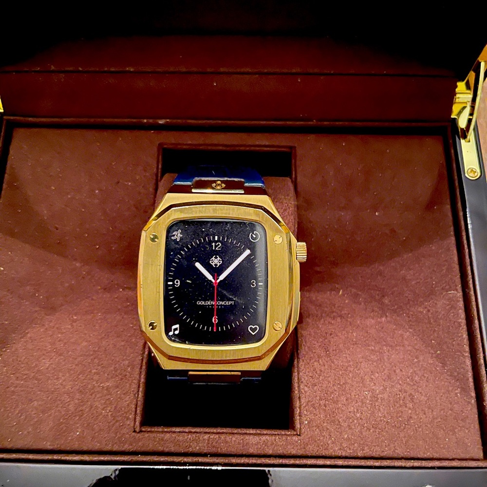 Golden Concept Apple Watch case only 44” gold with blue leather watch strap.